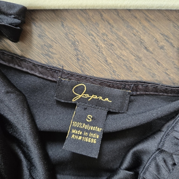 JAPNA Black Slip Satin Midi Dress Ruffle Zip Side Slit Size Small - Picture 4 of 5